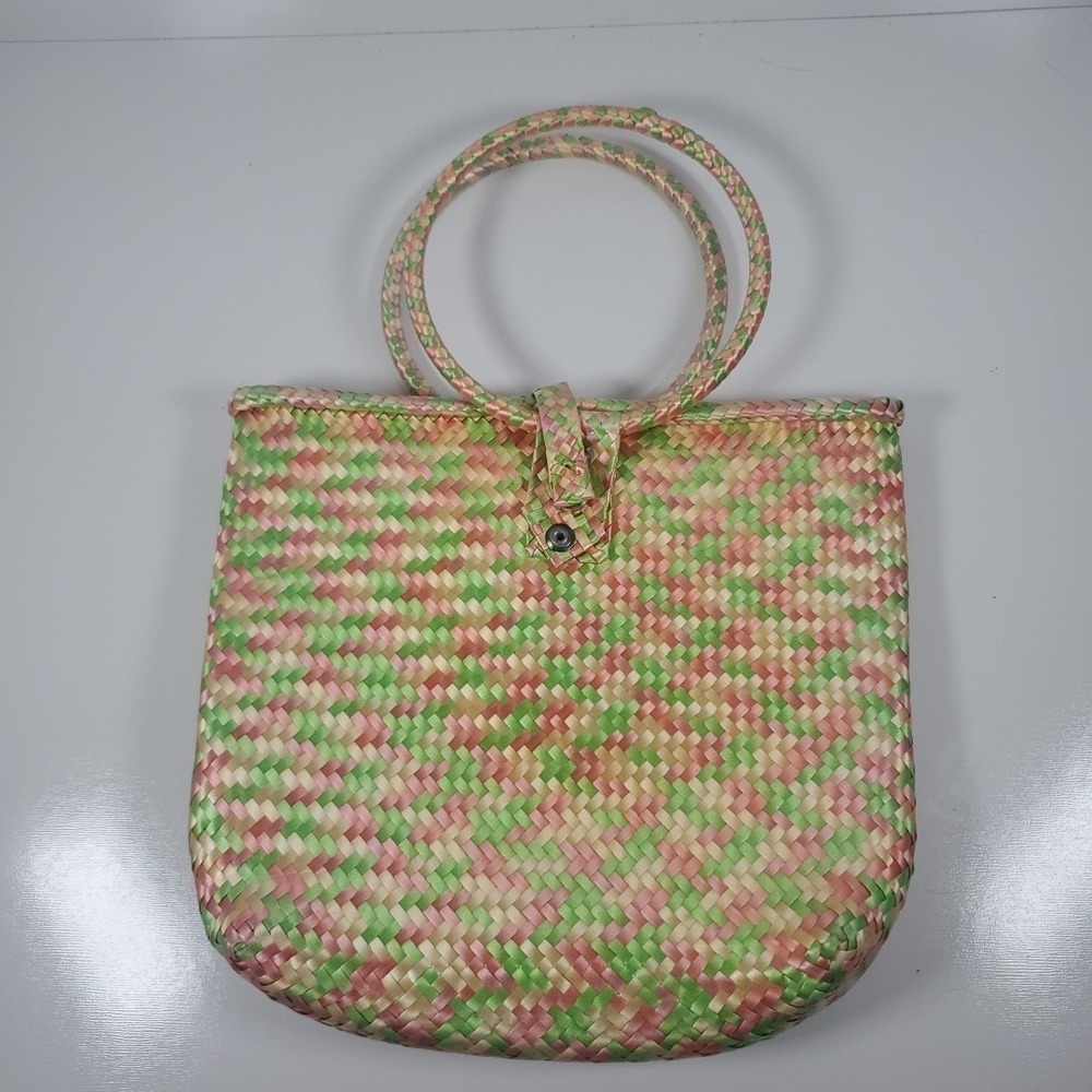 Multicolor Pastel Woven Summer Purse Bag with Round Handles, Lightweight